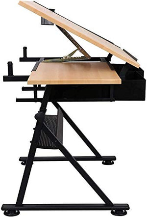 ZQTHL Adjustable Height Drafting Desk Drawing Table Tiltable Tabletop for Reading, Writing Art Craft w/2 Storage Drawers and Stool for Home Office,A