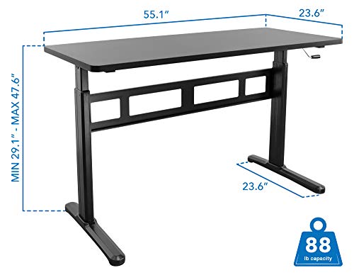 Mount-It! Height Adjustable Manual Standing Desk with Tabletop | 55.1 X 23.6 Inch Tabletop | Complete Sit Stand Workstation | Stand Up Desk Frame and Desktop with Hand Crank | 1 Inch Thick Desktop