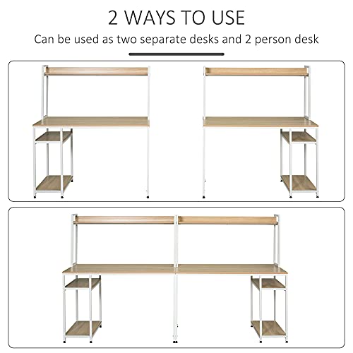 HOMCOM Industrial Double Computer Desk with Hutch and Storage Shelves, Extra Long Home Office Writing Table 2 Person Workstation, CPU Stand, Oak Wood Grain
