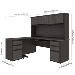 Bestar Prestige + Modern L-Shaped Office Desk with Two Pedestals and Hutch, 72W, Bark Grey & Slate