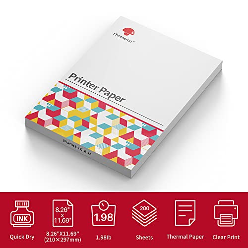 Phomemo M08F Portable Printer, 2022 Upgrade Lightweight and Compact Mobile Printer, Wireless Printer for Travel + 200 Sheets 8.26"x11.69" A4 Quick Drying Thermal Paper, Compatible with Phone & Laptop