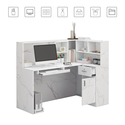 MOUMON L-Shaped Reception Desk with Storage, Marble White (55.9”W x 32.3”D x 48.4”H)