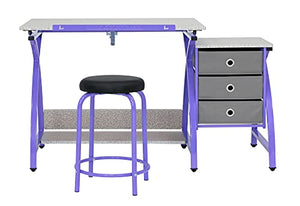 Offex The Comet Center Plus Adjustable Top Craft Table with 24" Pencil Ledge, 3 Drawers and Matching Padded Stool - Purple/Spatter Gray