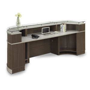 NBF Signature Series Glass Top Reception Desk 110" Driftwood Laminate/Silver Laminate/Glass Top