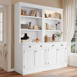 Merax Tall Storage Bookshelf Bookcase Set with LED Lighting, Doors, Drawer, Open Shelves - White