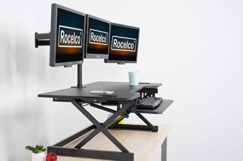 Rocelco 46" Large Height Adjustable Standing Desk Converter, Quick Sit Standup Triple Monitor Riser, Gas Spring Assist Computer Workstation, Retractable Keyboard Tray, (R DADRB-46), Black
