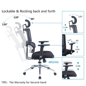 Ticova Ergonomic Office Chair - High Back Desk Chair with Elastic Lumbar Support & 3D Metal Armrest - 130°Reclining & Rocking Mesh Computer Chair with Thick Seat Cushion & Rotatable Headrest