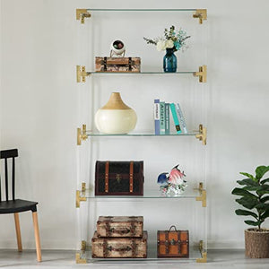 Fabulaxe Modern Acrylic Gold Metal 4 Shelf Etagere Bookcase with Glass Shelves