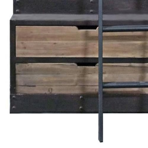 Benjara 97 Inch 2 Drawer Bookcase with Ladder, 5 Shelves, Distressed Iron, Black and Brown