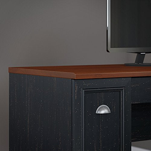 Bush Furniture Fairview 60W L Shaped Desk with Hutch and Small Storage Cabinet in Antique Black and Hansen Cherry