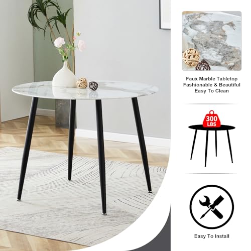 Hommoo 5-Piece Round Glass Dining Table and Chairs Set with Imitation Marble Top
