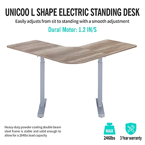 UNICOO - L Shaped Dual Motor Electric Height Adjustable Standing Desk, Computer Corner Desk, Home Gaming Desk, Office Writing Workstation (Grey Frame/Antique Oak Top) XOT-L-GA