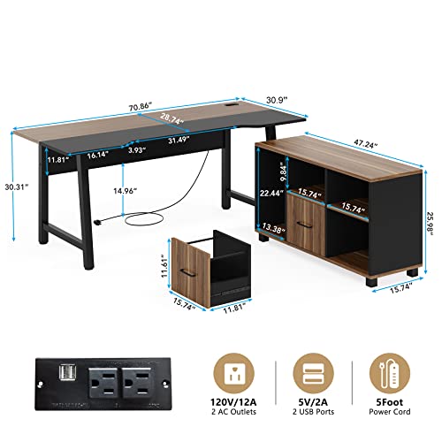 Tribesigns Extra Large L-Shaped Executive Desk with Power Outlet, File Cabinet, and Printer Stand