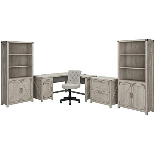 Cottage Grove L Shaped Desk with Chair and Storage in White - Engineered Wood