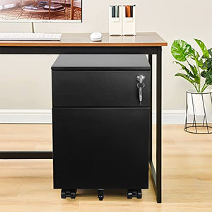 INLIFE 2 Drawer Mobile File Cabinet with Lock - Metal Filing Cabinet for Legal/Letter/A4/F4 Size - Fully Assembled with Wheels - Black, 198