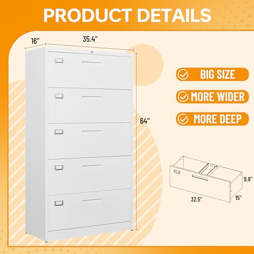 STANI 5 Drawer Metal File Cabinet with Lock - White, Home Office Lateral Filing Cabinet