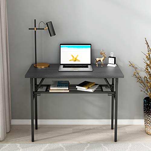 CRGHS Folding Computer Desk, Foldable Table Writing Desk for Laptop and PC, Home and Office Modern Style with Storage for Eating Camping and Small Spaces, No Assembly Required, 2 Tiers, Black