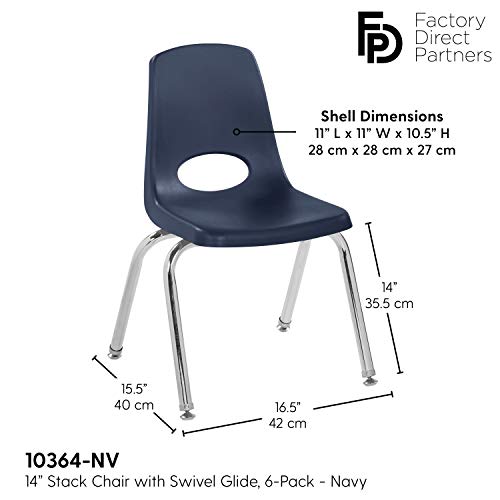 Factory Direct Partners - 10364-NV -10364 14" School Stack Chair, Stacking Student Seat with Chromed Steel Legs and Nylon Swivel Glides; for in-Home Learning or Classroom - Navy (6-Pack)