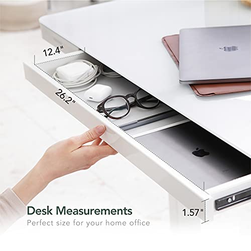 Flexispot Electric Height Adjustable Standing Desk with Drawer 48 x 24 Inch Tempered Glass White Desktop & Frame Home Office Computer Workstation (2.4A USB Charge Ports, Memory Controller, Child Lock)