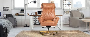 Kinnls Austin Genuine Leather Executive Office Chair with Reclining High Back and Tilt Angle (Khaki-Golden Base)