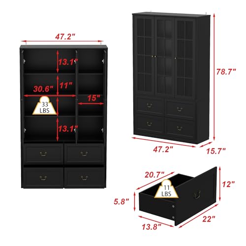 Homsee Modern Black Bookcase Bookshelf with Drawers, Glass Doors - 78.7" H, 8-Tier Shelves