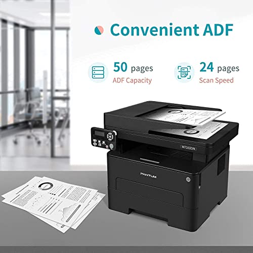 All in One Laser Printer Scanner Copier, Multifunction Black and White Printer with ADF, Auto Two Sided Printing, Built-in Ethernet, Connect with Network and USB Code Only, Pantum M7102DN with TL-410H