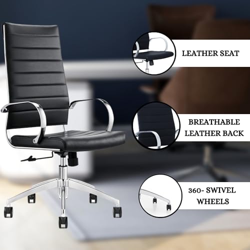 GM Seating Ribbed High Back Conference Room Chairs Set of 8 - Lumbar Support, Modern Style Executive Chair - Black