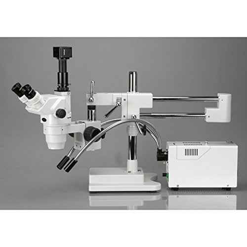 AmScope ZM-4TW3 Professional Trinocular Stereo Zoom Microscope, EW10x and EW25x Eyepieces, 2X-225X Magnification, 0.67X-4.5X Zoom Objective, Ambient Lighting, Double-Arm Boom Stand, Includes 0.3x and 2.0x Barlow Lenses