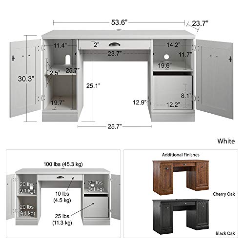 Home Office Desk White Workstation Furniture Cabinet Shelves Storage Organize Drawer Laptop Computer Table PC Study Writing Reading Double Pedestal Design
