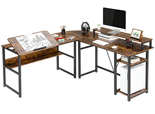 Sedeta L Shaped Desk, 70.9 inches Corner Computer Desk with Monitor Stand Riser, Drafting Drawing Table with Tiltable Desktop, Workstation Study Writing Table Art Desk for Home Office, Rustic Brown