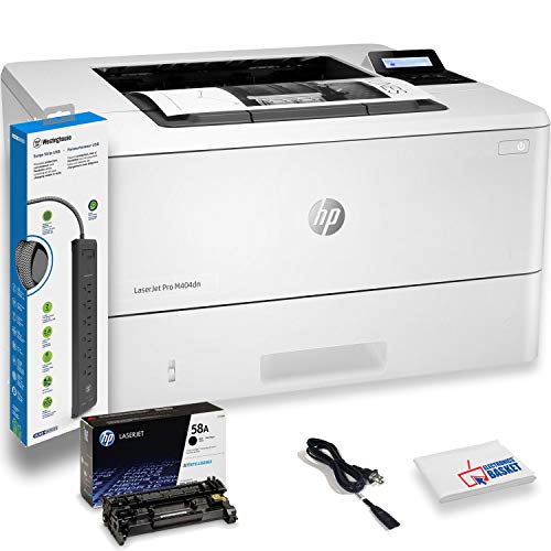 Hewlett Packard Laserjet Pro M404n Monochrome Laser Printer with Power Strip Surge Protector and Electronics Basket Cleaning Cloth