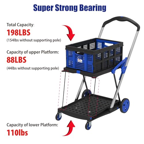 LEADALLWAY Grocery Shopping Cart with 2 Storage Crates - Collapsible Blue Cart