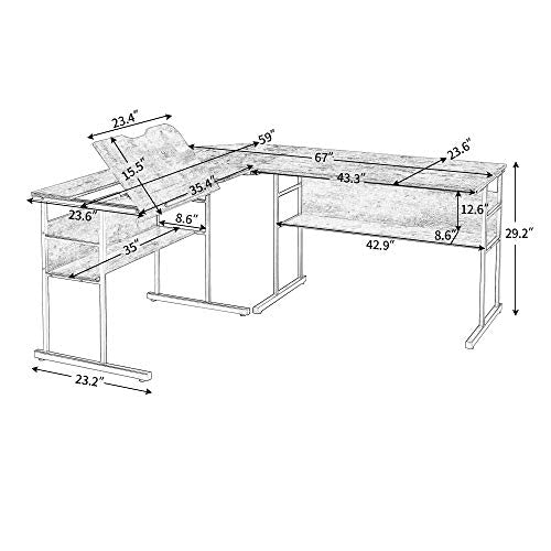 SSLine 59" L Computer Desk Wood&Metal Drafting Table with Open Shelves Rustic Brown Corner Study Writing Desk Large Home Office Drawing Table Workstation w/Adjustable Tilting Tabletop