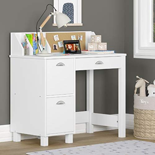 Knocbel 36in Computer Desk with 3 Storage Drawers, Built-in Bulletin Board and Dividers, Home Office Workstation Writing Table, 100lbs Weight Capacity (Pure White)