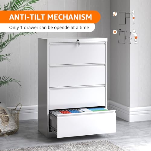 Aobabo 35.55" Wide 4 Drawer White Metal Lateral File Cabinet with Lock