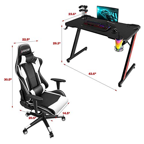 Homall Racing PU Leather Swivel Chair and 43.6 Inch Z Shaped Computer Desk Table Gaming Home Office Furniture Sets (White)