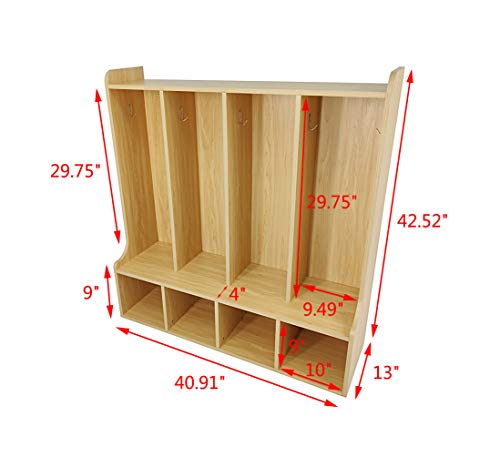 FixtureDisplays® 4-Section Kids School Coat Locker 41 X 13 X 43" with Bench and Cubbies, Backpack and Cubby Storage Organizer with Hooks, MDF Wood Locker for Daycares, Classrooms‘ Homes 10059-NPF