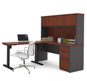 Bestar Prestige + L-Desk with Hutch Including Electric Height Adjustable Table, Bordeaux/Graphite