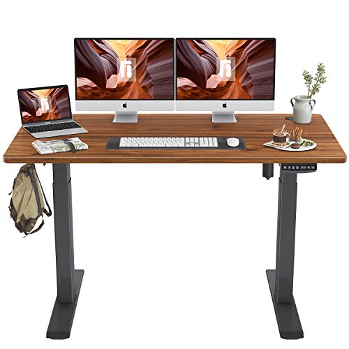 FEZIBO Height Adjustable Electric Standing Desk, 55 x 24 Inches Stand Up Table, Sit Stand Home Office Desk with Splice Board, Black Frame/Espresso Top