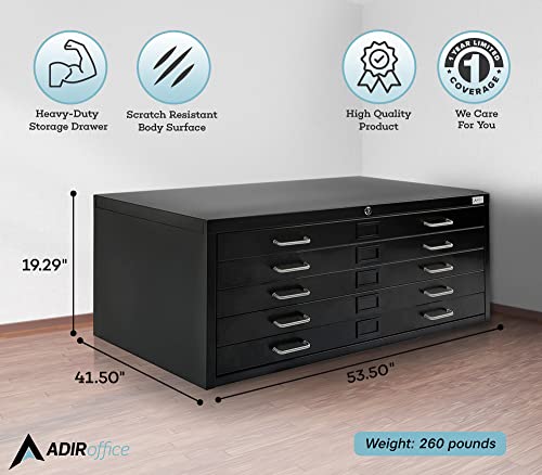 AdirOffice Flat File Cabinet - Heavy Duty 5-Drawer Blueprint Storage, 41" x 53", Ideal for Artists and Engineers - Black