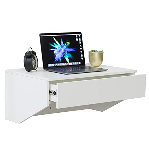 Basicwise Wall Mounted Office Computer Desk with Drawer, White