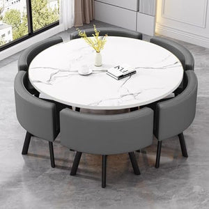 EpuzeR Round Dining Table Set for 6 with Faux Marble Top and Metal Frame (Dark Gray/Black)
