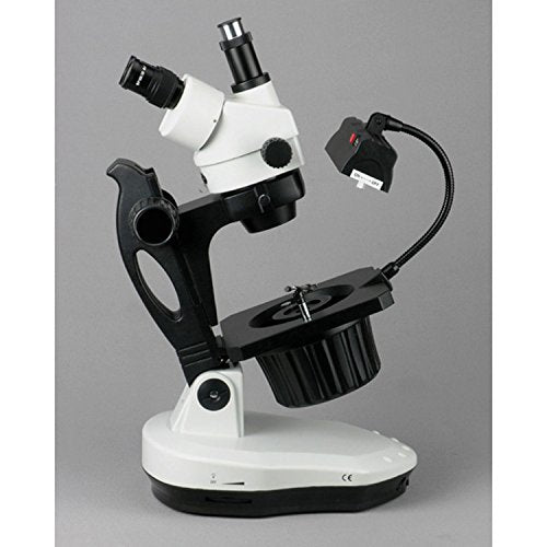 AmScope GM400TZ-3M Digital Trinocular Gemology Stereo Zoom Microscope, WH10x Eyepieces, 3.5X-90X Magnification, 0.7X-4.5X Zoom Objective, Halogen and Fluorescent Lighting, Inclined Pillar Stand, 110V-120V, Includes 0.5X and 2.0X Barlow Lenses, 3MP Camera