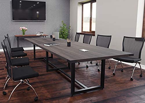 Office Pope Modern Conference Room Table with Metal Base & Accents, 10ft White Ash/Silver Metal, 2 Power Modules