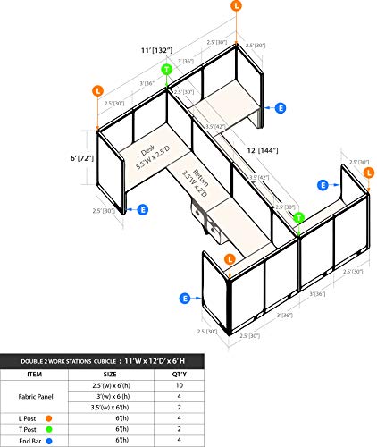 G GOF Double 4 Person Workstation Cubicle (11'D x 12'W) / Office Partition, Room Divider (72" H, Espresso)