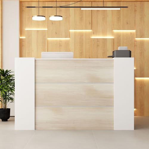 MOUMON Reception Desk Front Counter with Lockers, Adjustable Shelves - Oak/White (70.9”W x 23.6”D x 43.3”H)