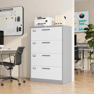 ZAOUS Lateral Filing Cabinet with Lock, 4 Drawer Metal File Cabinet for Home Office - Grey White