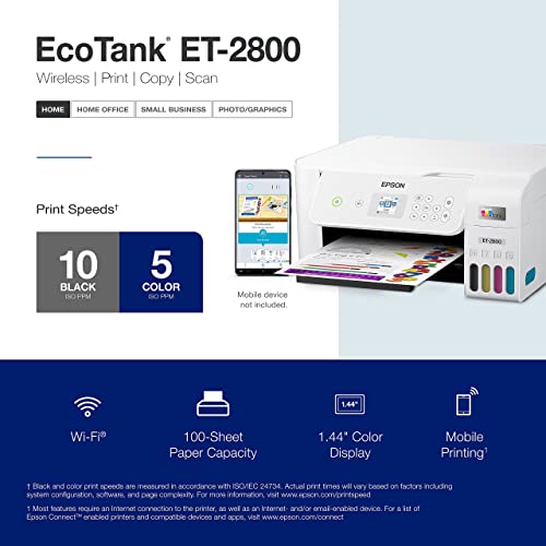 Epson EcoTank ET-2800 Wireless Color All-in-One Cartridge-Free Supertank Printer with Scan and Copy – The Ideal Basic Home Printer - White (Renewed)