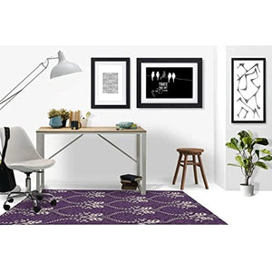 HNU Stylish Durable Rectangular Foldable Office Chair Mat for Carpet | 60" W x 84" L Low Pile Damask Pattern | Purple White Chenille Print | Heavy Cotton Backing