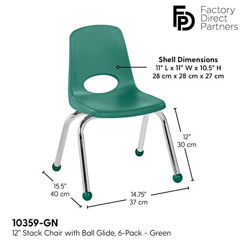 FDP 12" School Stack Chair, Stacking Student Seat with Chromed Steel Legs and Ball Glides; for in-Home Learning or Classroom - Green (6-Pack), 10359-GN